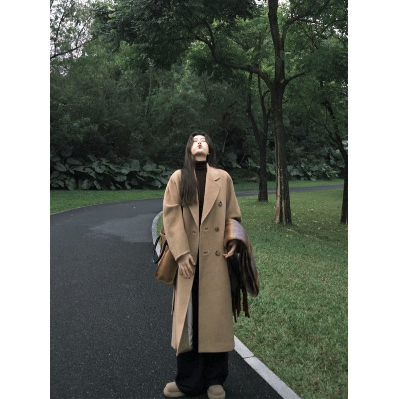 Aiertu cold weather outfits Elegant Suit Collar Woolen Coat Women's Winter Retro Loose Long Woolen Coat aiertu