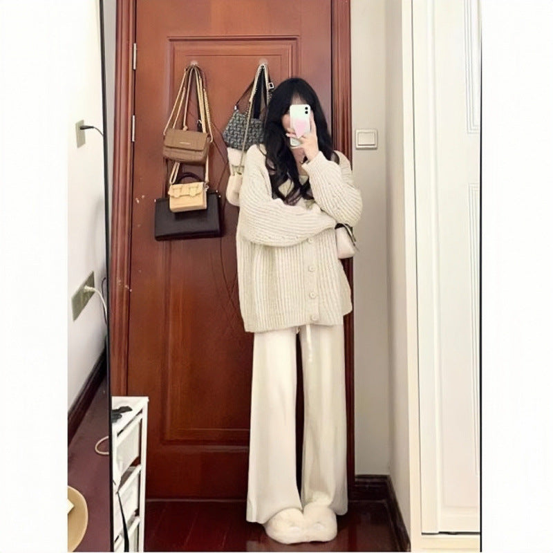 Aiertu fall outfits women Autumn and Winter Creamy-white Lazy Style Sweater Wide Leg Pants High-Grade Three-Piece Suit aiertu