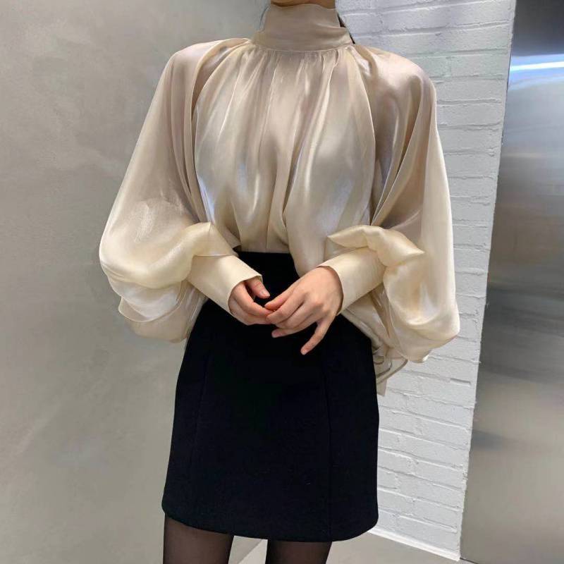 Aiertu business casual outfits Spring NEW High Collar Back Lace-up Elegant Socialite Exaggerated Lantern Sleeve Shirt Loose Shirt aiertu