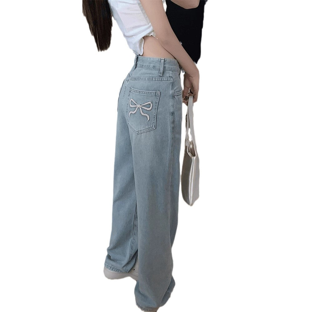 Aiertu fashion outfits Women's Embroidered High Waist Straight Jeans with Bowknot Autumn and Winter Loose Slimming Casual Wide Leg Mopping Pants aiertu