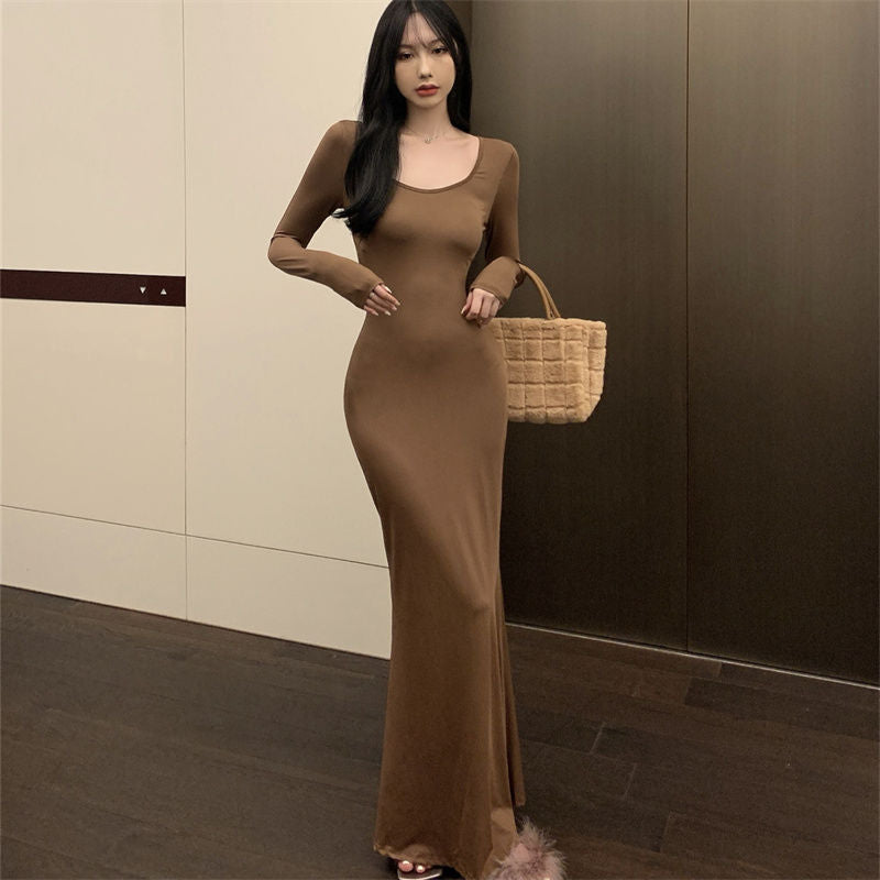 Aiertu fashion outfits Fall Hot Girl Elegant Long Sleeve Dress Women's Brown Bottoming Dress Slim Fishtail Solid Color Skirt aiertu
