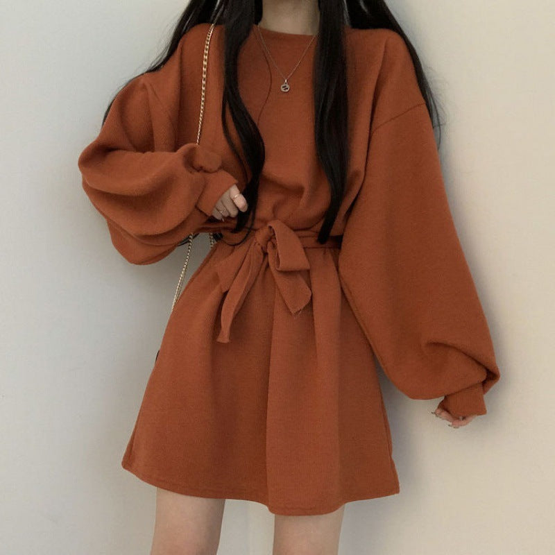 Aiertu black leggings outfit fall Autumn and Winter Ghost Horse Girl Loose Slimming Lantern Sleeve Long Sleeve Dress Female Trendy Small aiertu