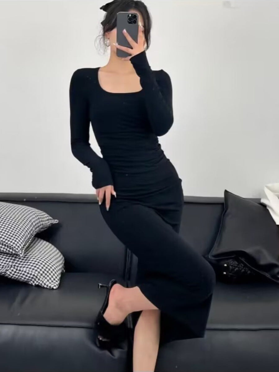 Aiertu fashion outfits Autumn and Winter Korean Style Square Collar Long Sleeve Solid Color Mid-Length Dress High Waist Slimming Hip Skirt aiertu