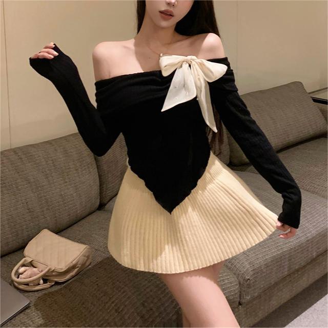 Aiertu outfit Spring off-Shoulder Big Bow off-Shoulder Long Sleeve T-shirt Women's Sweater Top Bottoming Sweater aiertu