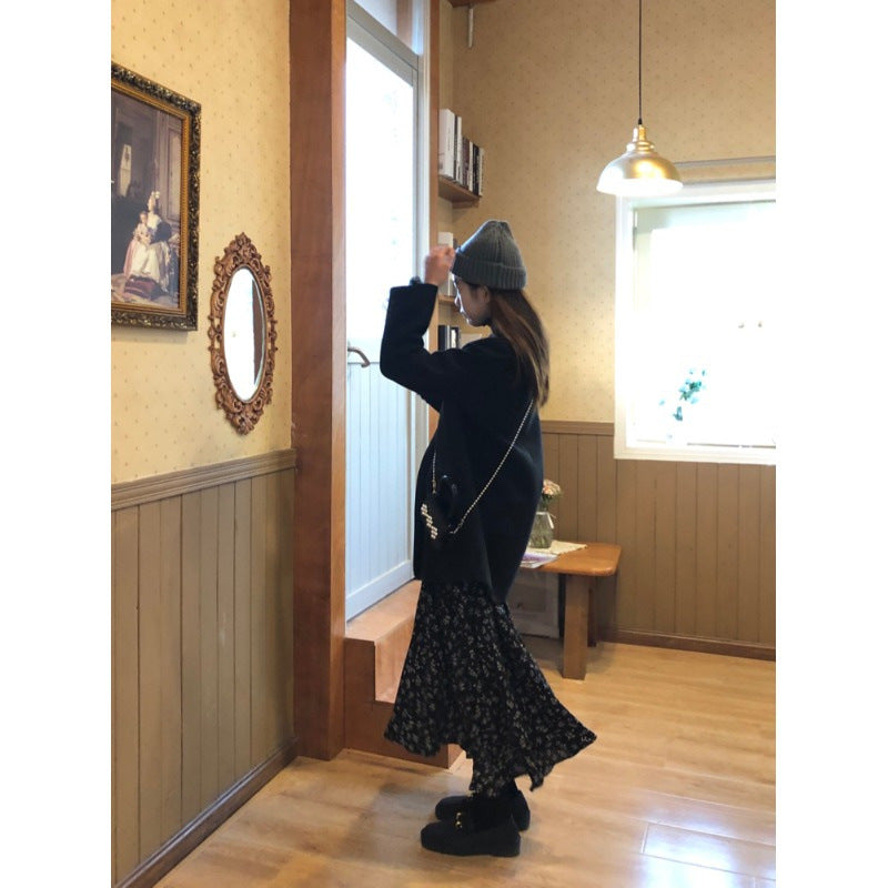 Aiertu midi skirt outfit fall French Retro Chiffon Floral Skirt Black Skirt Women's Spring and Summer Mid-Length Drape Slimming Long Skirt aiertu