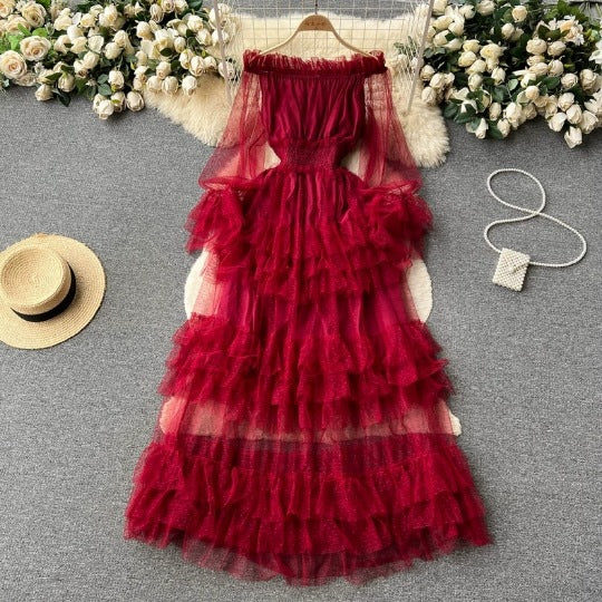 Aiertu summer outfits inspo French Style High-Grade Ruffled Mesh Cake Dress Women's Waist Slimming Temperament off-Shoulder Super Fairy Long Skirt aiertu