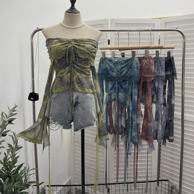 Aiertu trashy outfits Niche Vintage Green off-Shoulder Bell Sleeve Top Blooming Mesh Lace Drawstring Short T-shirt aiertu