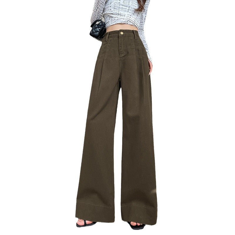 Aiertu fashion outfits Brown Denim Wide-Leg Pants Women's Wide-Leg Slimming Autumn and Winter High Waist Fleece-lined Draping Mop Long Pants aiertu