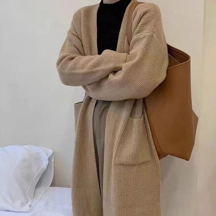 Aiertu fall outfits Solid Color Knitted Cardigan Women's Autumn and Winter Loose Temperament V-neck Lazy Style Mid-Length over-the-Knee Sweater Coat Fashion aiertu