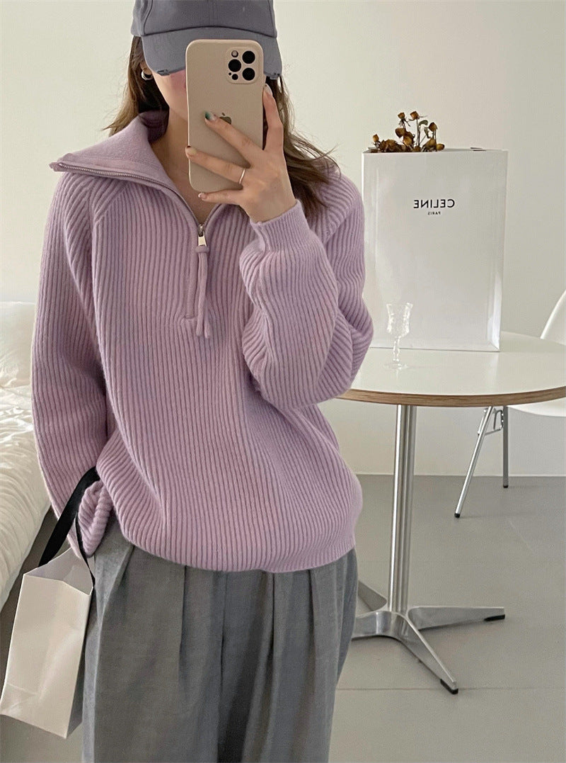 Aiertu clothes Korean Style Half Zipper Sweater Women's Autumn and Winter New Style Pit Design Sense Stand Collar Soft Glutinous Loose Outer Wear Sweater Top aiertu