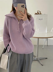 Aiertu clothes Korean Style Half Zipper Sweater Women's Autumn and Winter New Style Pit Design Sense Stand Collar Soft Glutinous Loose Outer Wear Sweater Top aiertu