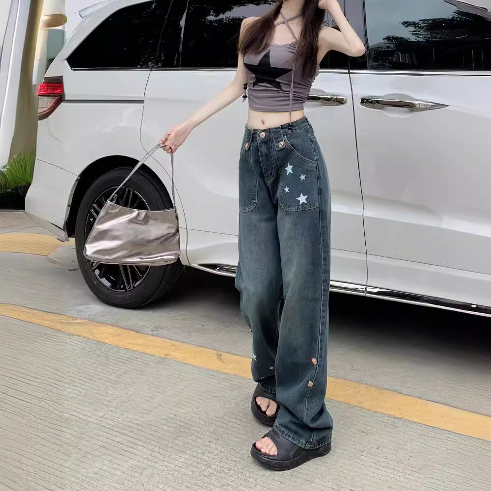 Aiertu shamar American High Street Star Straight Jeans Women's Spring and Autumn Retro High Waist Loose Slimming Wide Leg Trousers aiertu