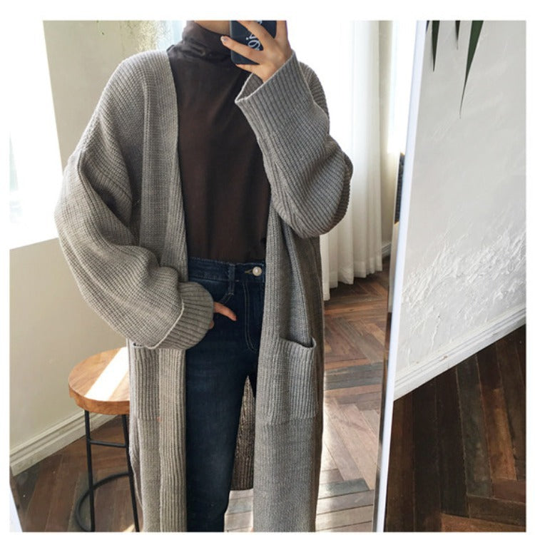 Aiertu fall outfits Retro Mid-Length Curling Solid Color Lazy Loose Knitted Long-Sleeved Sweater Coat for Women aiertu