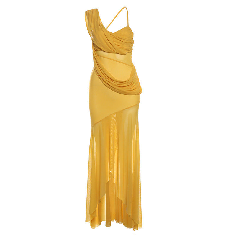 Aiertu funky yellow sunglasses Style Summer New Women's Clothing Solid Color Slim High Waist Fashion Sling Sleeveless Gauze Dress aiertu