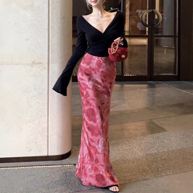 Aiertu hoco dresses Sexy Hot Girl Deep V-neck Cross Sweater Vintage Satin Printed Fishtail Skirt Suit aiertu