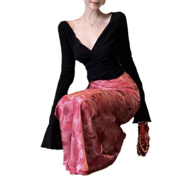 Aiertu hoco dresses Sexy Hot Girl Deep V-neck Cross Sweater Vintage Satin Printed Fishtail Skirt Suit aiertu