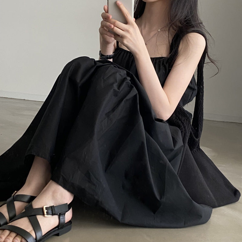Aiertu church outfit Chic Summer Holiday Style Suspender Skirt Simple Design Pleated Stitching Elastic Waist Solid Color Large Swing Dress aiertu
