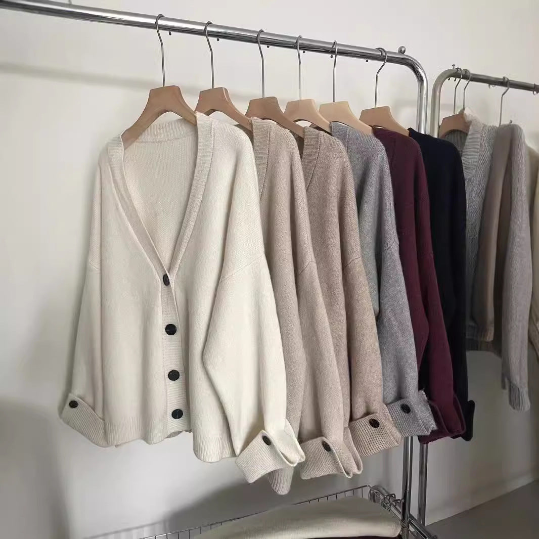Aiertu joker costume female outfit Lazy Style V-neck Soft Glutinous Sweater Coat Women's Autumn and Winter Loose Large Casual Knitted Cardigan Top aiertu