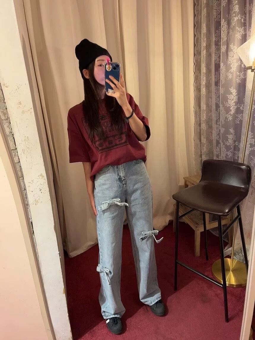 Aiertu y2k outfits Spring New Three-Dimensional Bow Worn Washed Loose Straight High Waist Jeans for Women aiertu