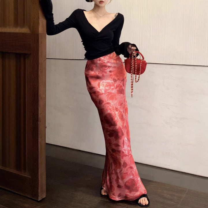 Aiertu hoco dresses Sexy Hot Girl Deep V-neck Cross Sweater Vintage Satin Printed Fishtail Skirt Suit aiertu