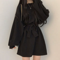 Aiertu black leggings outfit fall Autumn and Winter Ghost Horse Girl Loose Slimming Lantern Sleeve Long Sleeve Dress Female Trendy Small aiertu
