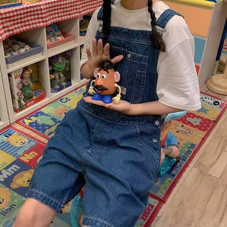 Aiertu Loose Blue Denim Suspender Pants Women's Spring Girlfriends Wear Wide Leg Shorts Slimming Age-Reducing One-Piece Pants aiertu