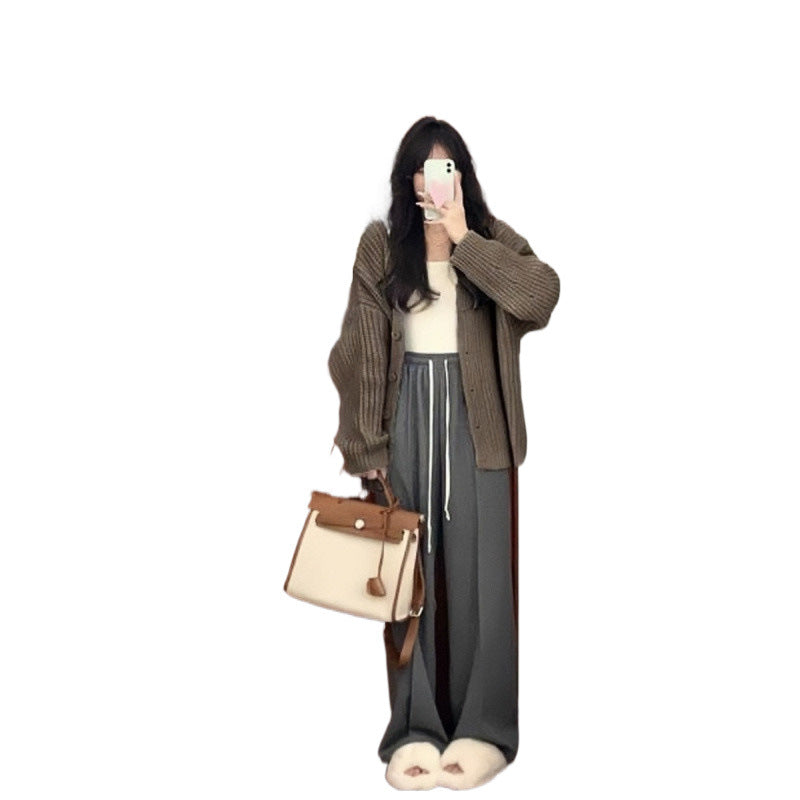Aiertu fall outfits women Autumn and Winter Small Wear Creamy-white Lazy Style Sweater Wide Leg Pants High-Grade Three-Piece Suit aiertu