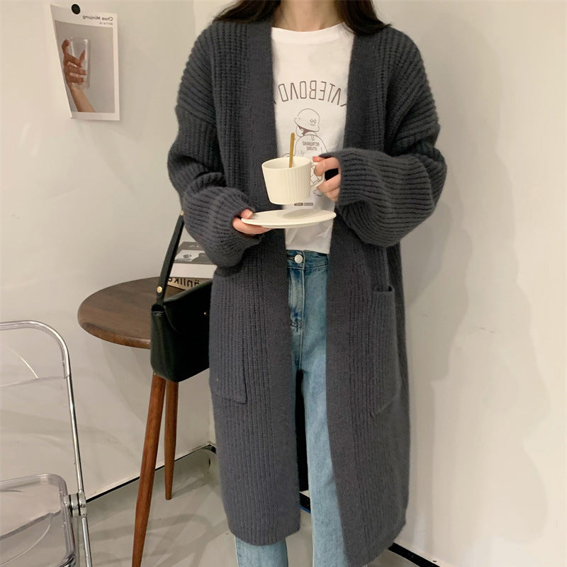 Aiertu comfy outfits winter Thick Knitted Cardigan Women's Mid-Length Korean Style Thick Wool Outer Wear Lazy Style Solid Color Loose Sweater Coat aiertu