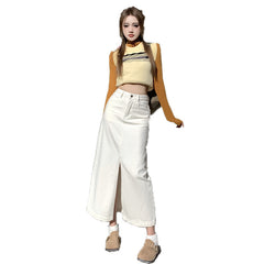 Aiertu outfit Creamy-white Front Slit Denim Skirt Women's Early Spring High Waist Loose A- line Mid-Length Hip Skirt aiertu