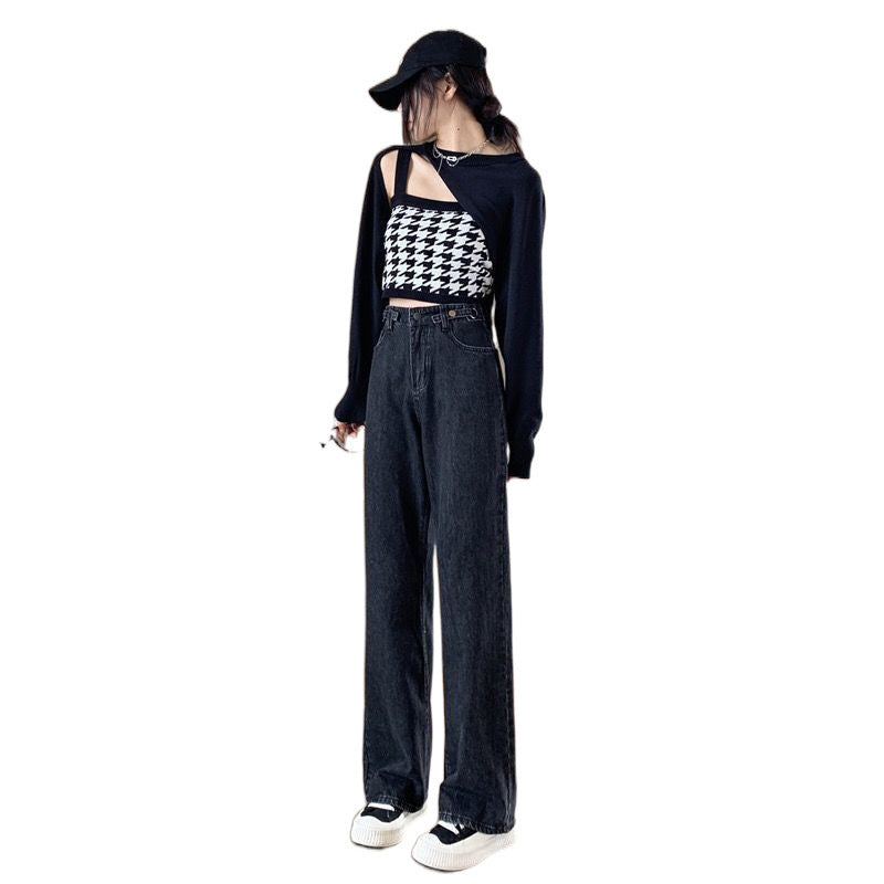 Aiertu casual fall outfits High Waist Wide Leg Jeans for Women Spring and Autumn Slimming Draping Loose Straight Lengthened Mopping Pants aiertu