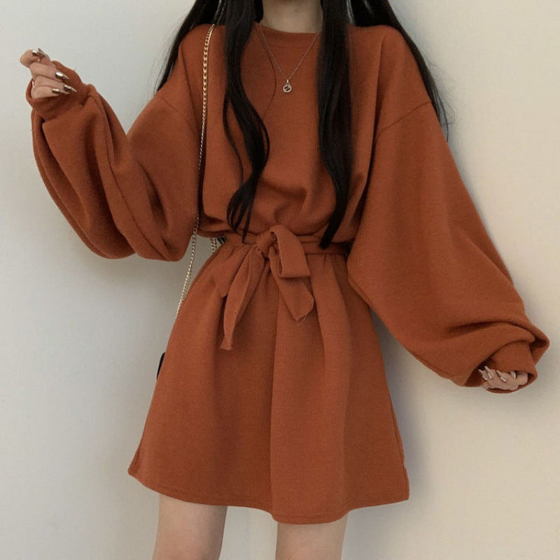 Aiertu black leggings outfit fall Autumn and Winter Ghost Horse Girl Loose Slimming Lantern Sleeve Long Sleeve Dress Female Trendy Small aiertu