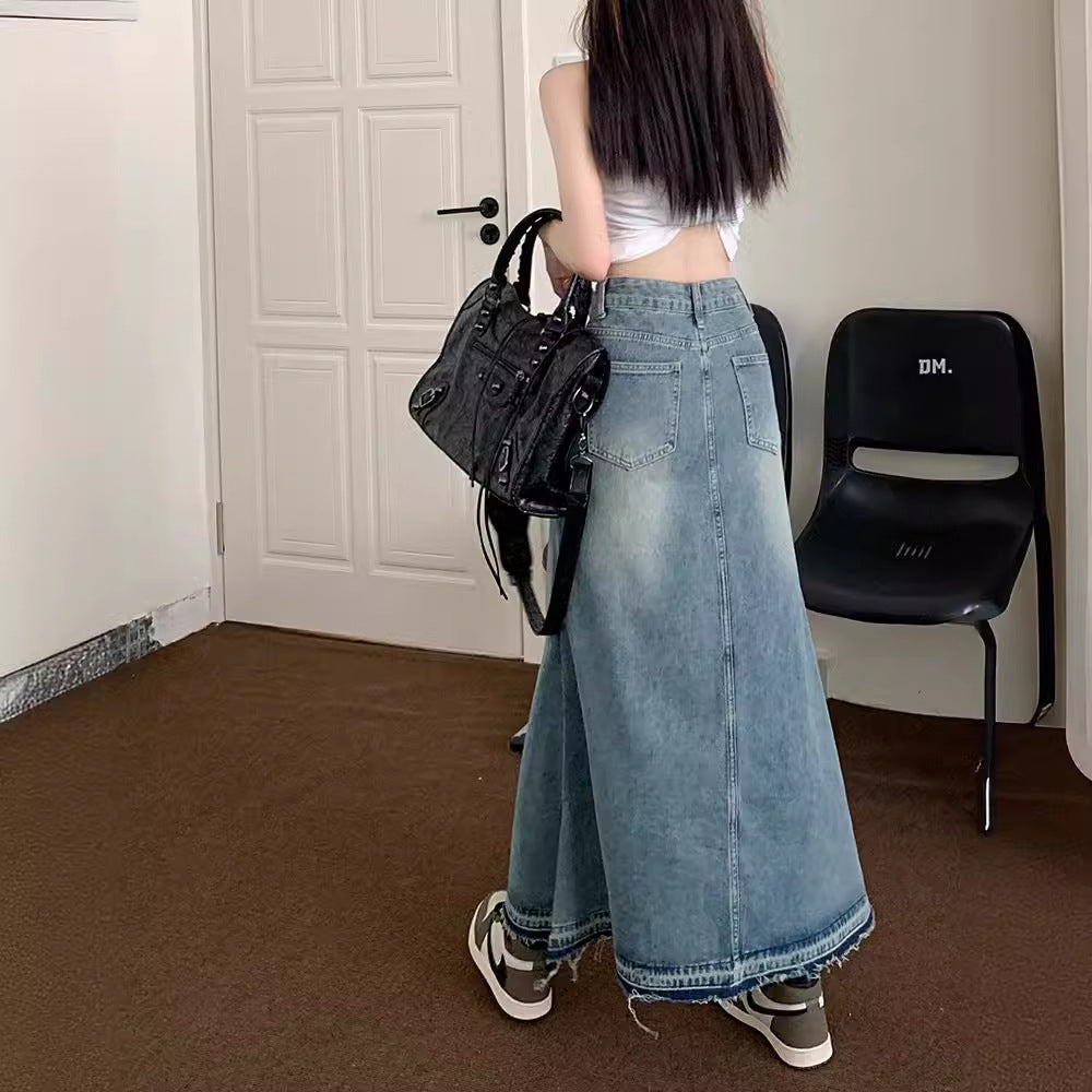 Aiertu 90s fashion Autumn New Women's Retro Frayed Denim Skirt High Waist Slimming A- line Large Swing Dress Sexy aiertu