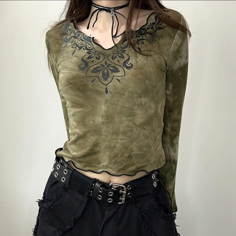 Aiertu concert outfit Mori Vintage Tie-Dyed Tribal Print Curling Bell Sleeve Short Top Niche V-neck Slim-Fit Navel Slimming Long Sleeve aiertu