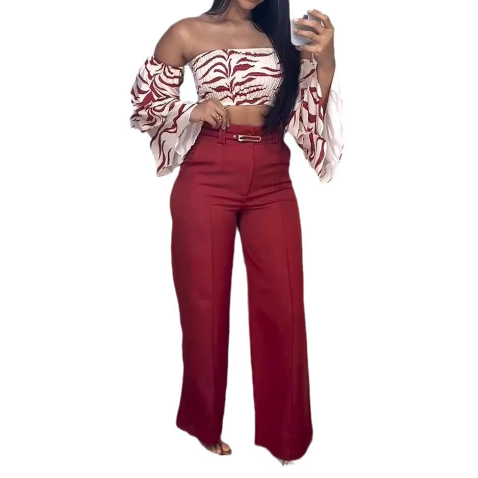 Aiertu style Women's Suit Autumn off-the-Shoulder Solid Color Trousers Two-Piece Set aiertu