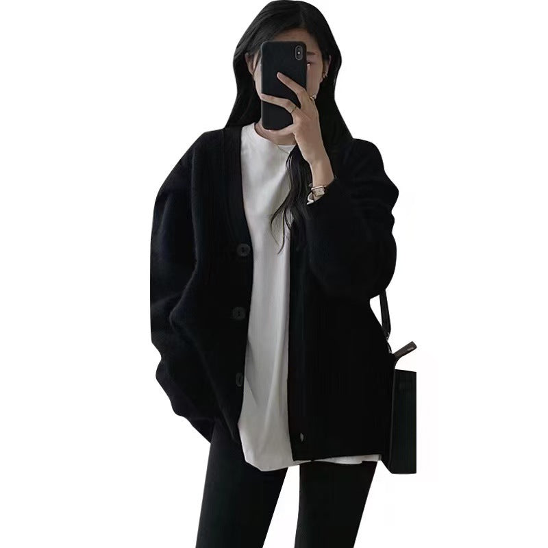 Aiertu datenight fall outfits Korean Style Black Knitted Sweater Cardigan Coat Women's Gentle Lazy Style Autumn and Winter Soft Glutinous V-neck Top aiertu