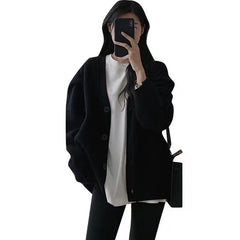 Aiertu datenight fall outfits Korean Style Black Knitted Sweater Cardigan Coat Women's Gentle Lazy Style Autumn and Winter Soft Glutinous V-neck Top aiertu