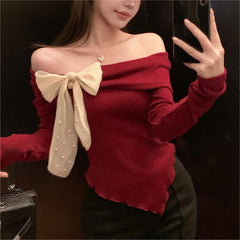 Aiertu outfit Spring off-Shoulder Big Bow off-Shoulder Long Sleeve T-shirt Women's Sweater Top Bottoming Sweater aiertu