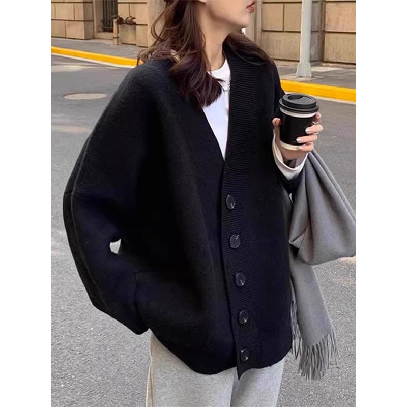 Aiertu datenight fall outfits Black V-neck Knitted Cardigan for Women Autumn and Winter Outer Wear Fashionable Western Style Top Loose Lazy Style Mid-Length Women aiertu