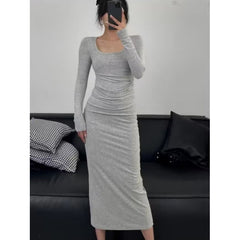 Aiertu fashion outfits Autumn and Winter Korean Style Square Collar Long Sleeve Solid Color Mid-Length Dress High Waist Slimming Hip Skirt aiertu