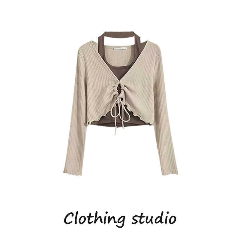 Aiertu shamar Retro Hong Kong Style Wear a Whole Suit Two-Piece Halter Top with Casual Jeans Two-Piece Set aiertu