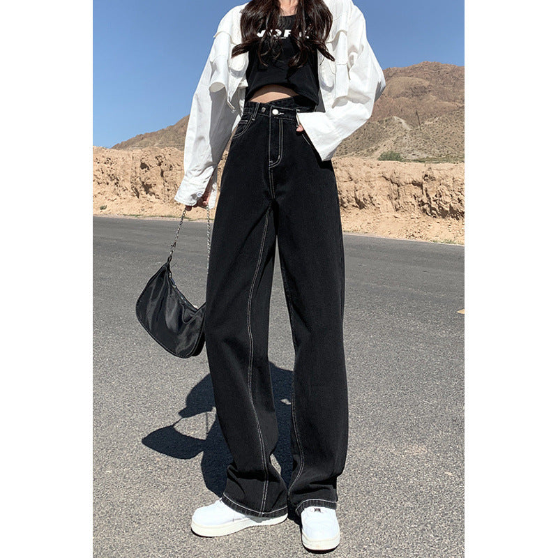 Aiertu casual fall outfits Black Jeans Women's Straight Loose Spring and Autumn Slimming Mop High Waist Wide Leg Pants aiertu