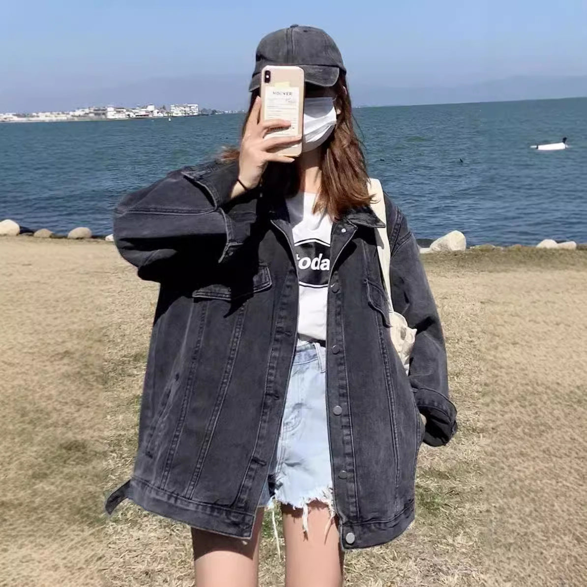 Aiertu joker costume female outfit Spring and Autumn Black Denim Jacket Top Women's Autumn Trendy Loose Korean Style Hong Kong Style Casual Fried Street Jacket aiertu