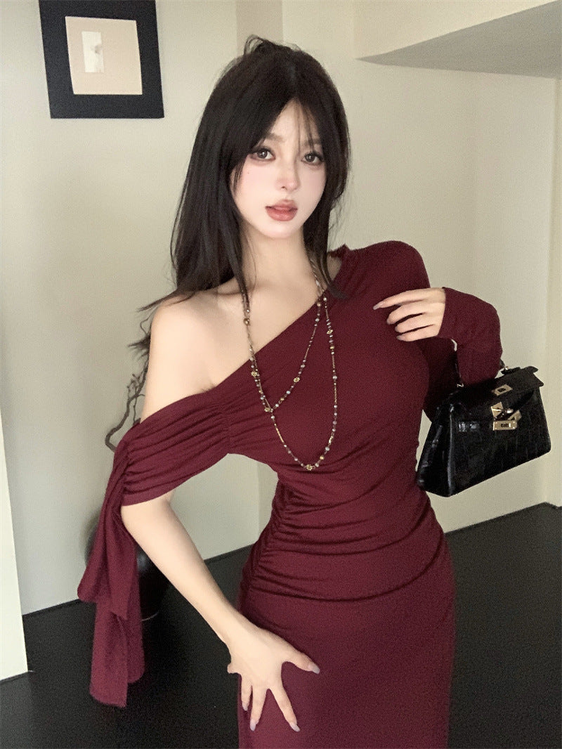 Aiertu fall outfits Wine Red Ribbon Shoulder Long Sleeve Dress Women's Autumn Slim Irregular Skirt Tight Waist Sheath Dress aiertu