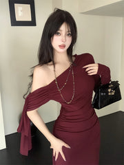 Aiertu fall outfits Wine Red Ribbon Shoulder Long Sleeve Dress Women's Autumn Slim Irregular Skirt Tight Waist Sheath Dress aiertu