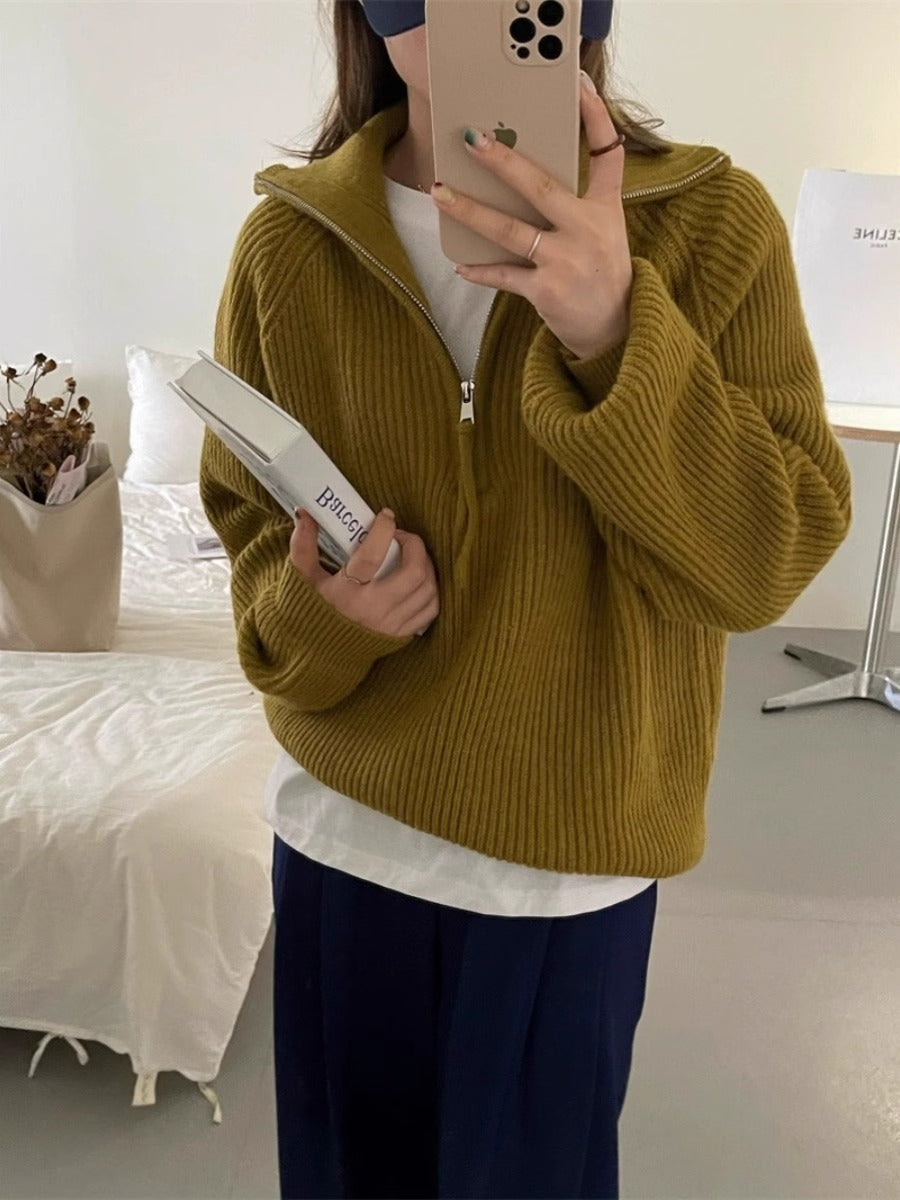 Aiertu clothes Korean Style Half Zipper Sweater Women's Autumn and Winter New Style Pit Design Sense Stand Collar Soft Glutinous Loose Outer Wear Sweater Top aiertu