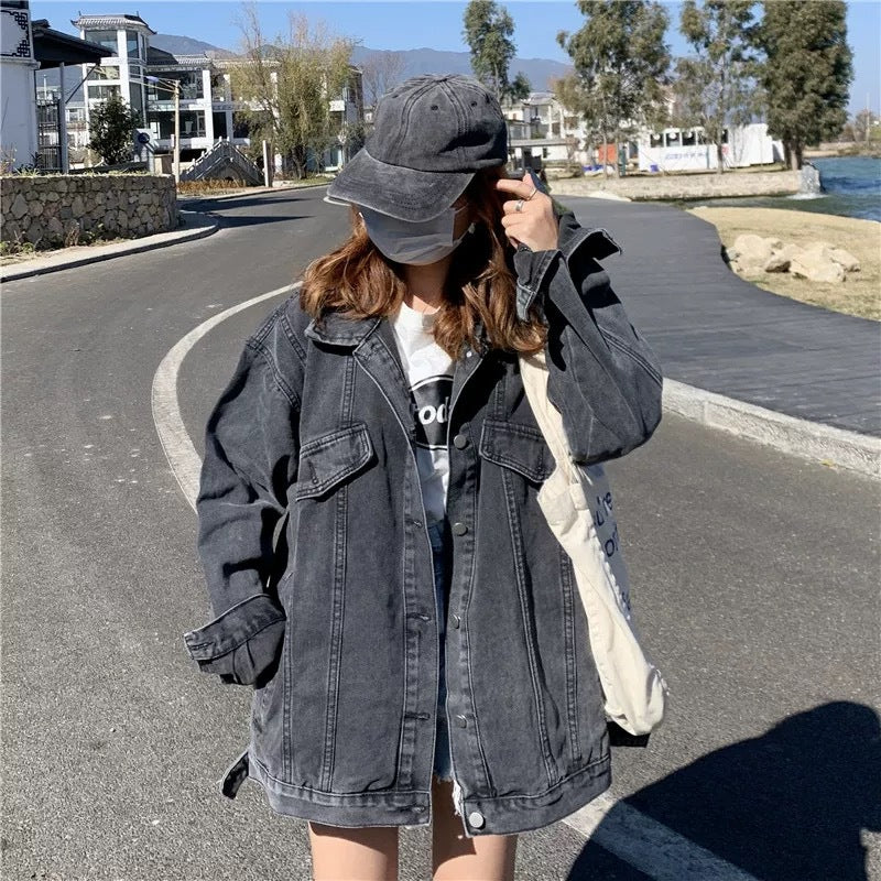 Aiertu joker costume female outfit Spring and Autumn Black Denim Jacket Top Women's Autumn Trendy Loose Korean Style Hong Kong Style Casual Fried Street Jacket aiertu