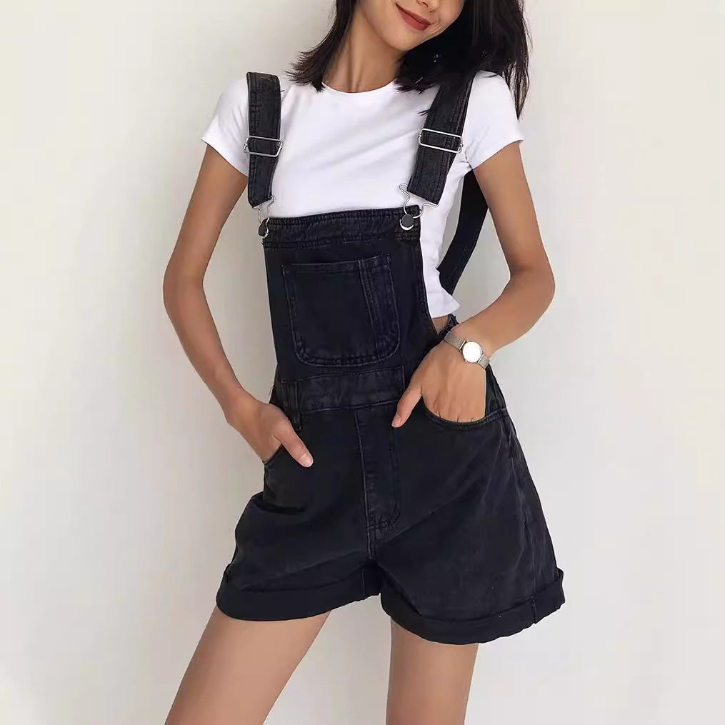Aiertu Summer Korean Style Student Denim Suspender Pants Women's Preppy Style Wide Leg Shorts Loose Curling Denim Tide aiertu