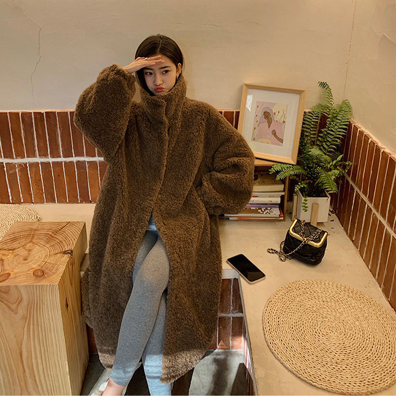 Aiertu simple winter outfits Maillard Small Teddy Wool Stand Collar Coat Long Cashmere Lamb Fur Coat Thickened Loose aiertu