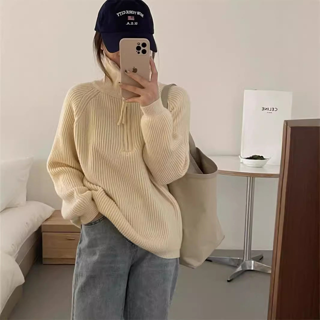 Aiertu clothes Korean Style Half Zipper Sweater Women's Autumn and Winter New Style Pit Design Sense Stand Collar Soft Glutinous Loose Outer Wear Sweater Top aiertu
