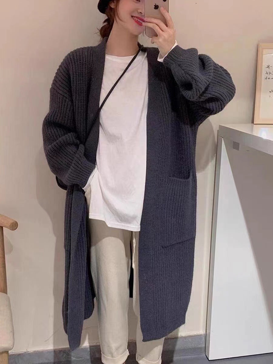 Aiertu fall outfits Solid Color Knitted Cardigan Women's Autumn and Winter Loose Temperament V-neck Lazy Style Mid-Length over-the-Knee Sweater Coat Fashion aiertu